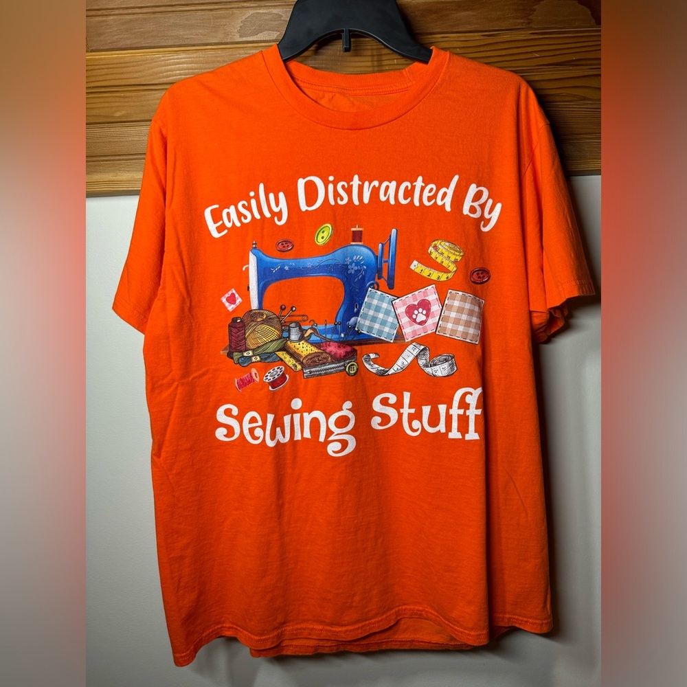 Easily Distracted by Sewing Stuff Graphic Tee, Orange, Men’s Lg